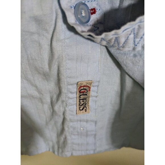 Guess Mens Button Up Shirt Large Light Blue Embroidered Back Long Sleeve Striped - Picture 5 of 5